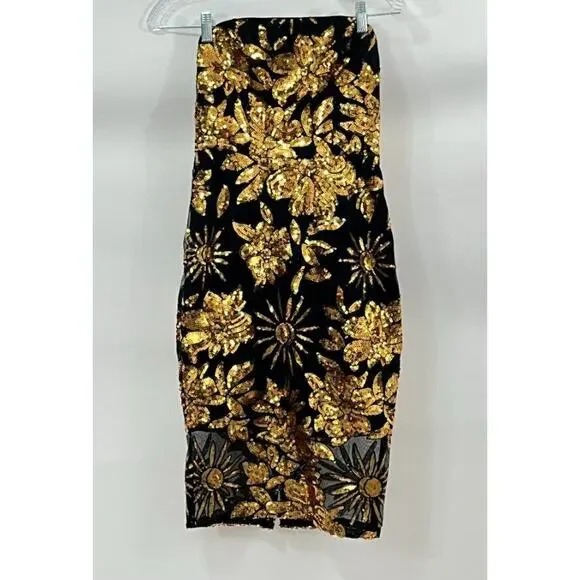 MILLY Sz 0 XS Kait Dress Gold Black Sequin Holiday Nights Strapless Midi - Picture 7 of 11